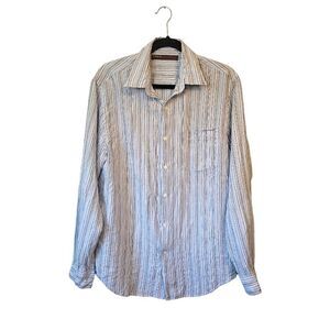 Perry Ellis Light Blue Striped 100% Linen  Button Down Shirt